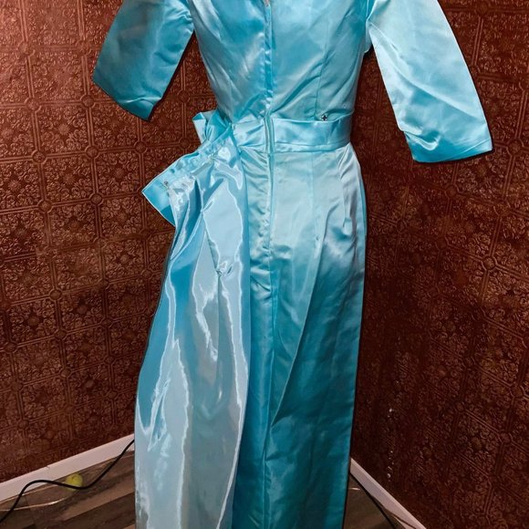 2 PIECES Vintage 1950s 2PC Turquoise Satin Wiggle Dress w/ Matching Swing Coat